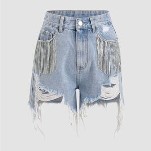Cider Diamond Tassels Distressed Ripped Denim Shorts